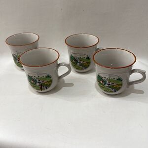 Newcor 8 Oz 4 Mug Set Orange Green Country Village Japan Stoneware 3 1/4 In Tall